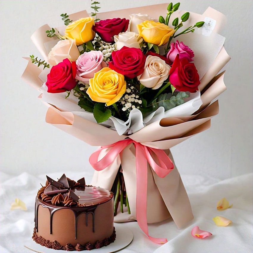 12 Mix Roses and Half Kg Cake