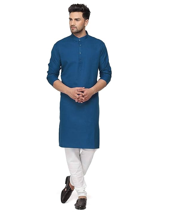 Mens Cotton Blend Blue Straight Kurta with Rakhi
