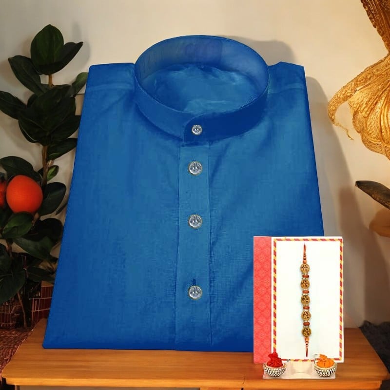 Mens Cotton Blend Blue Straight Kurta with Rakhi