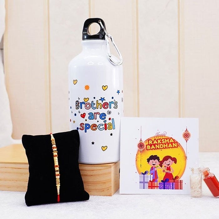 Designer Rakhi With Bottle N Message Card Gift Pack