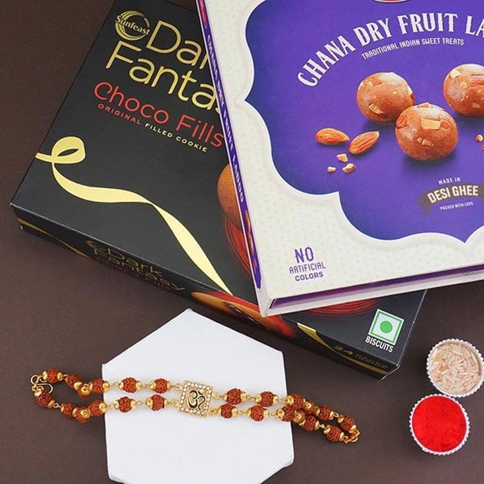 Om Rudraksha Bracelet Rakhi Sweets Combo