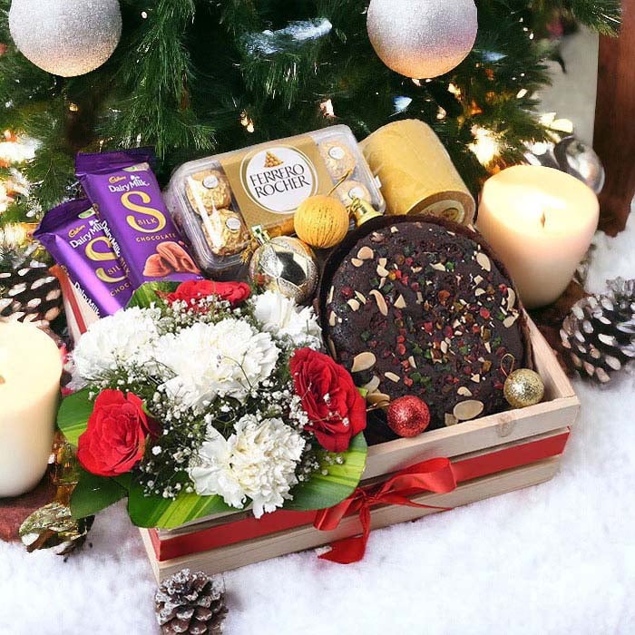 Christmas Plum Cake N Flowers Festive Hamper