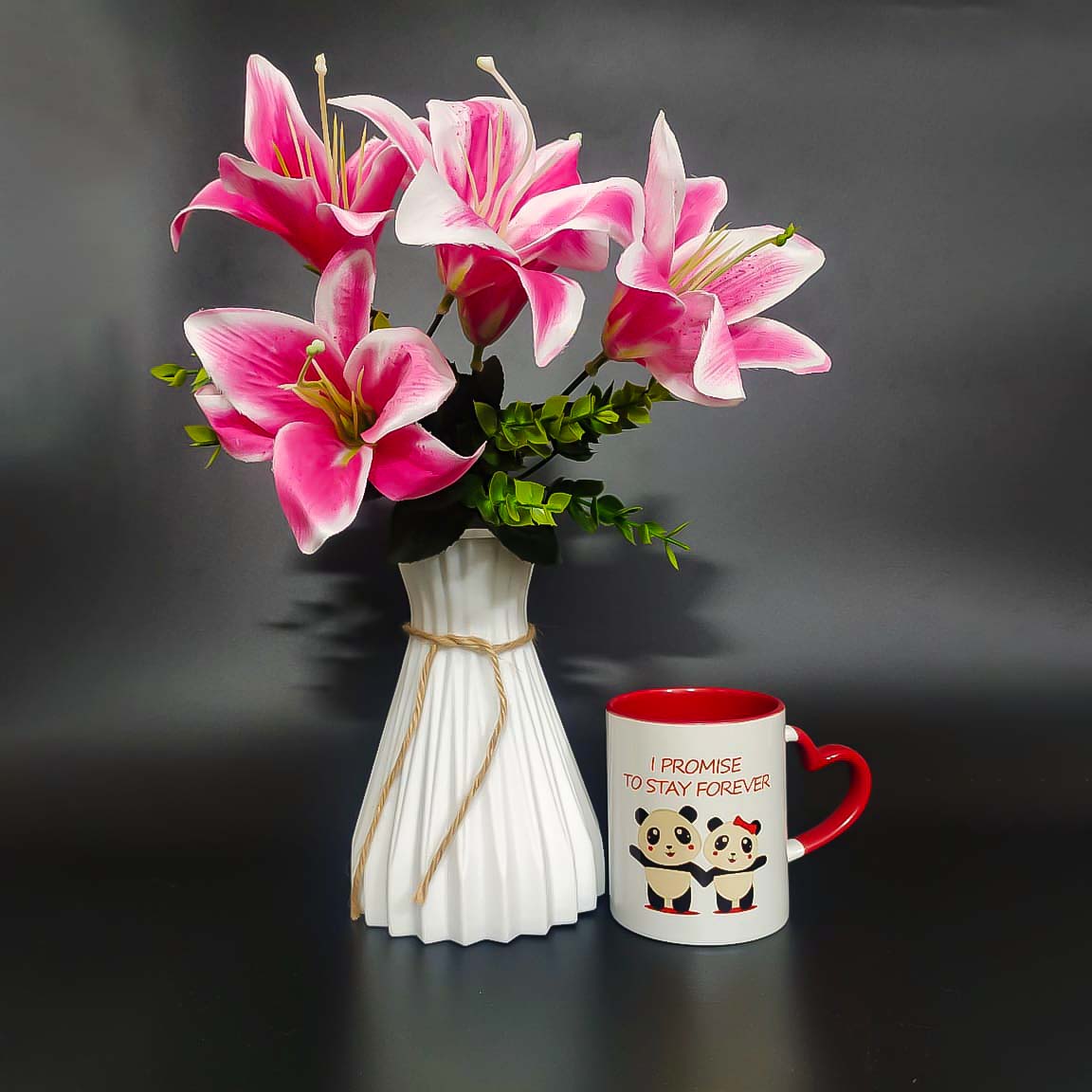 Stay Forever Red Heart Handle Mug with Artificial Flower and Vase