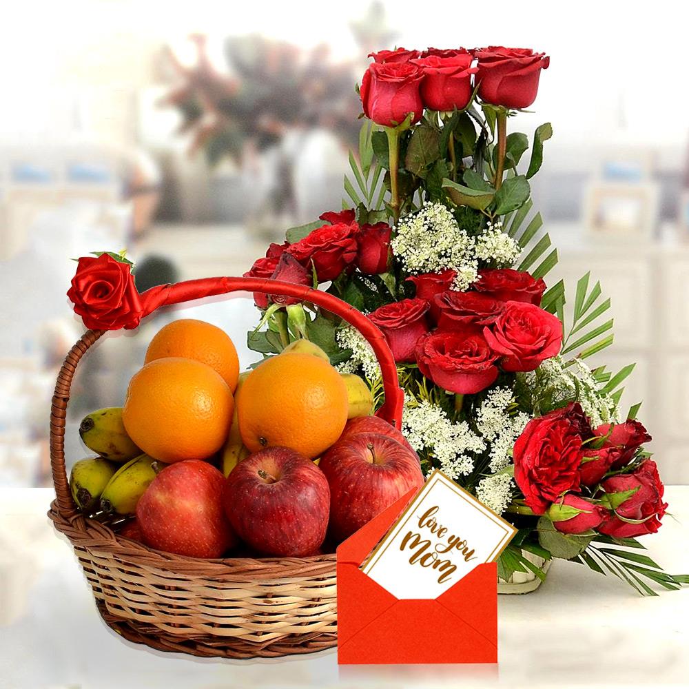 Red Rose Basket With Tasty Fruit Basket Mor Mom