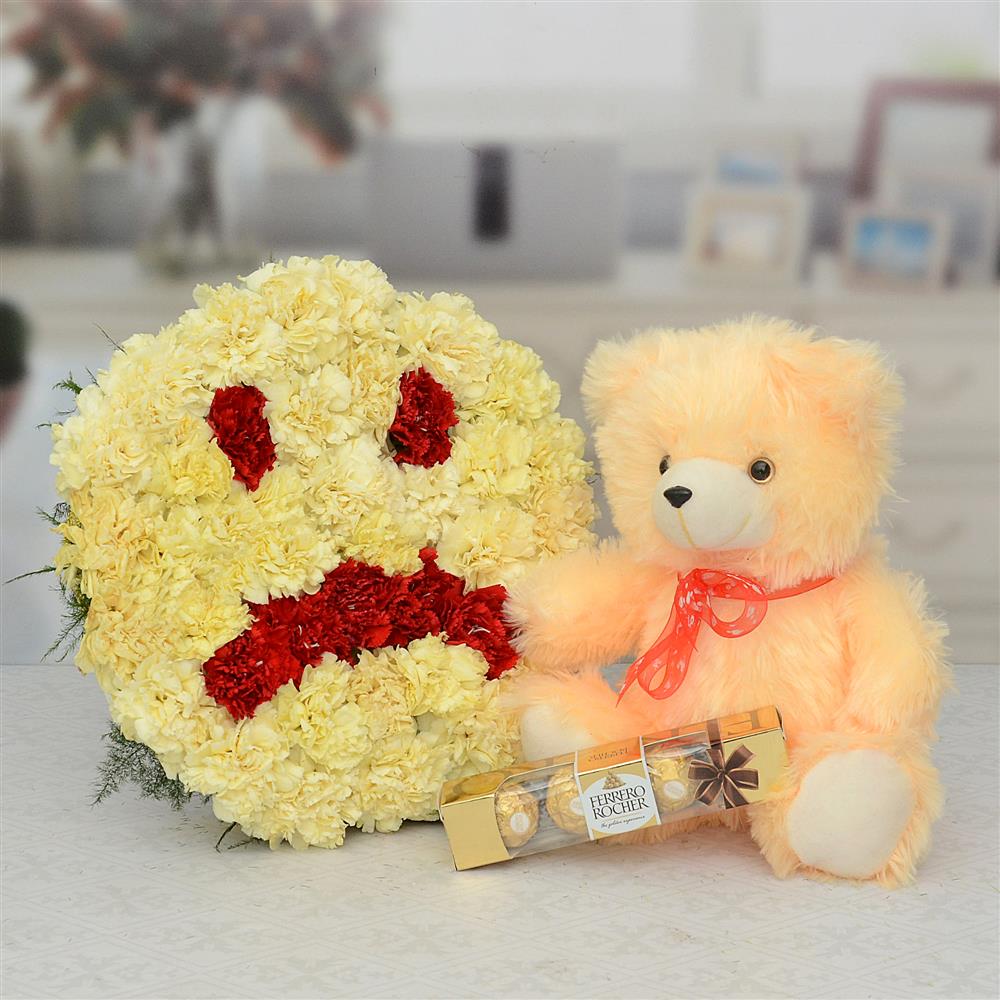 Sad Sorry Flower Arrangement With Teddy N Chocolate Hamper