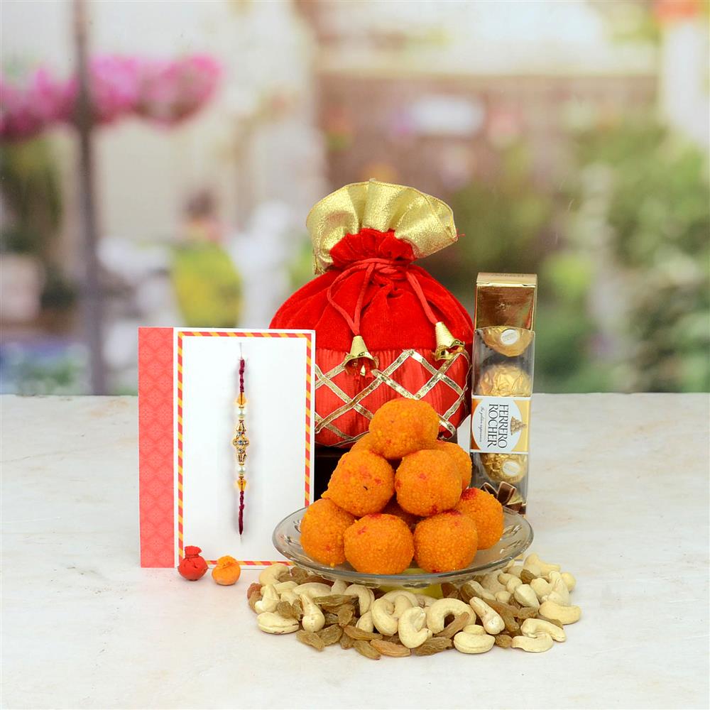 Motichoor Ladoo With Ferrero Rocher and Dry Fruits Rakhi Hamper