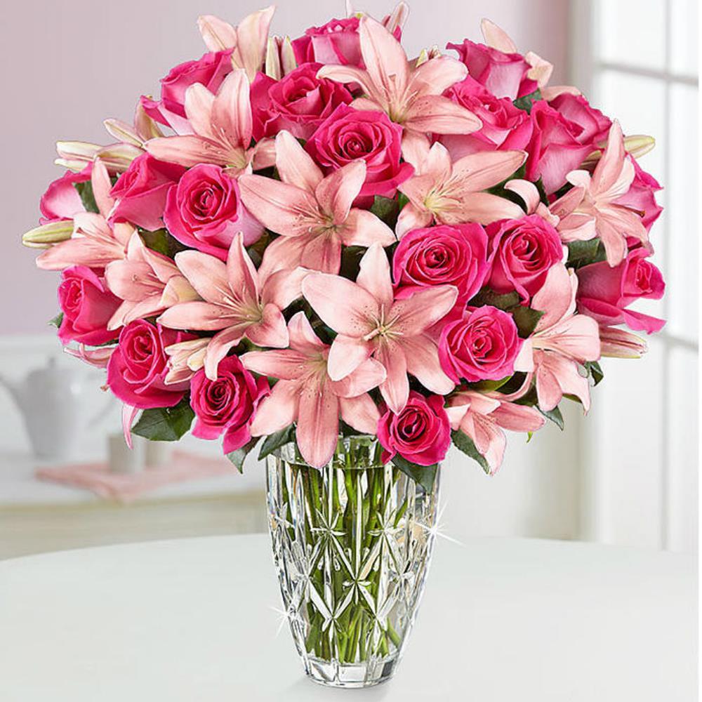 24 Pcs Pink Rose N 5 Stem Lily in a Glass Vase