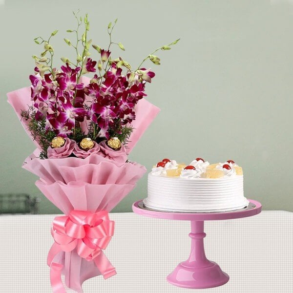 Orchids Bouquet N Pineapple Cake Combo