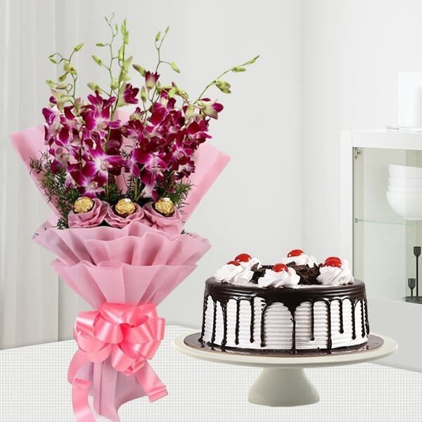 Orchids Bouquet N Black Forest Cake