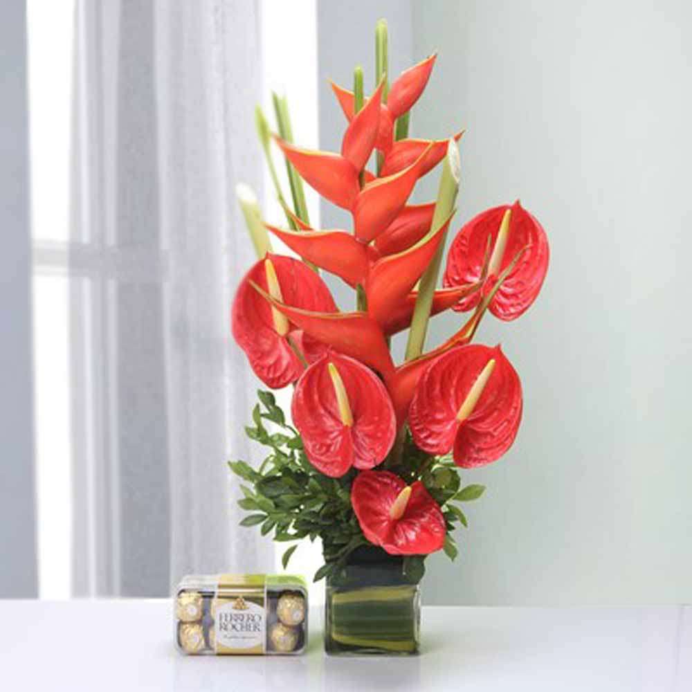 Vase of anthurium and Ferrero Rocher Chocoalte