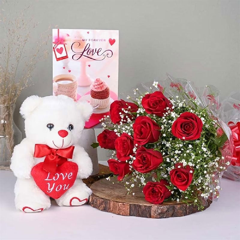 Red Roses Flowers Bouquet In With Cute Teddy Bear N Love Greeting Card