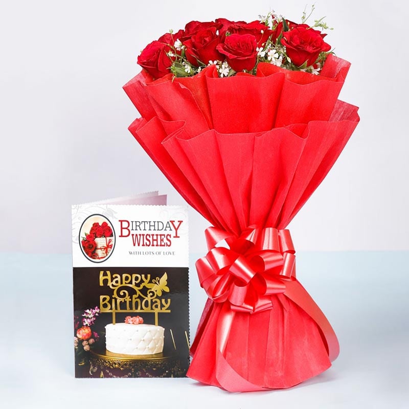 Red Roses With Birthday Greeting Card