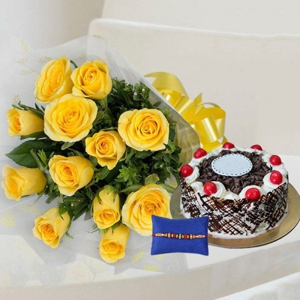 Rakhi with Yellow Roses and Cake