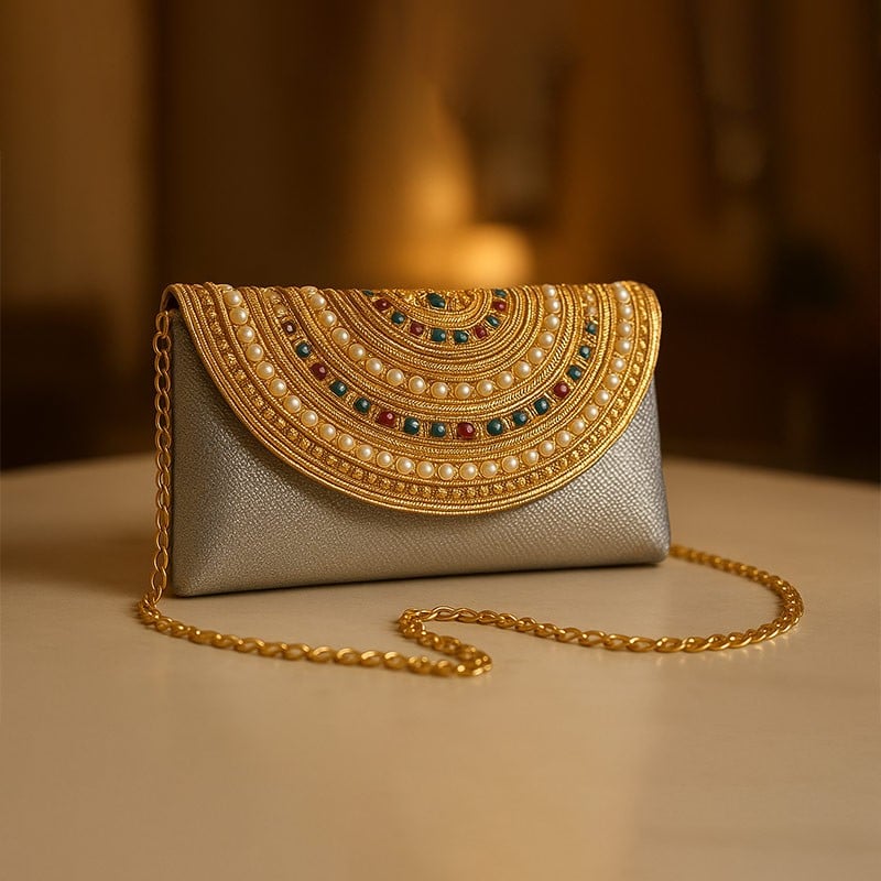 Royal Golden Beaded Clutch with Pearl & Gem Embellished Flap