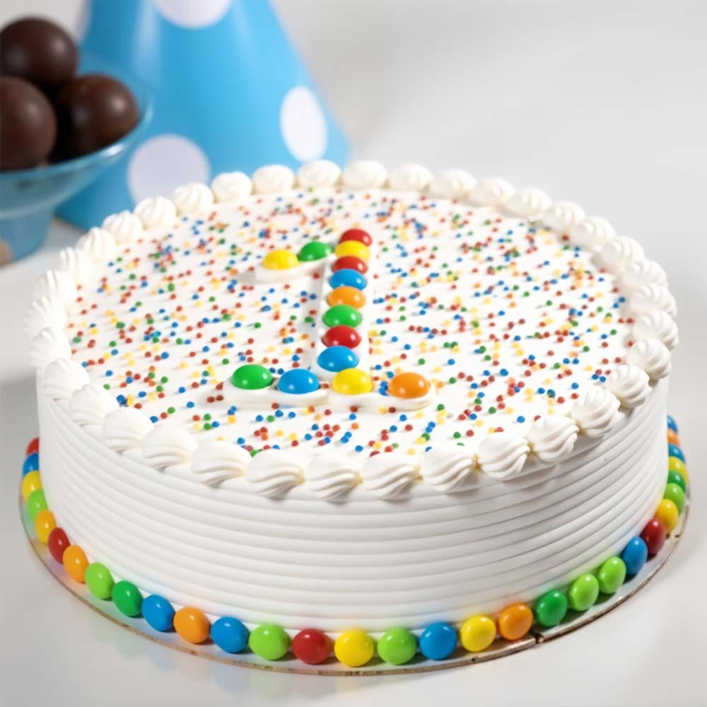 Sprinkled White Colourful Gems Vanilla Cream Cake