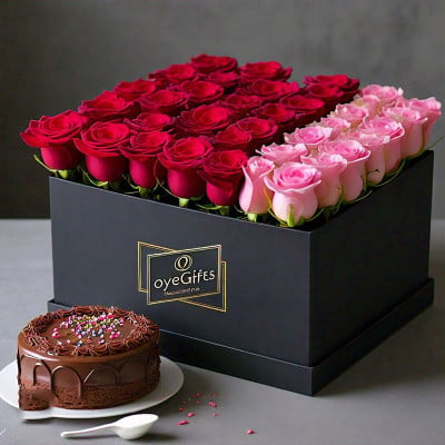 50 Pink - Red Roses Box with Chocolate Cake