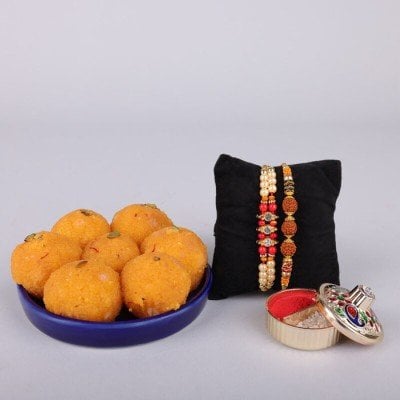 Designer Set Of 2 Rakhi With Motichoor Laddoo