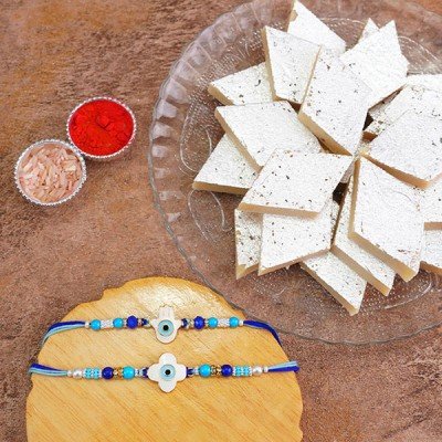 Double Evil Eye Rakhi With Kaju Katli
