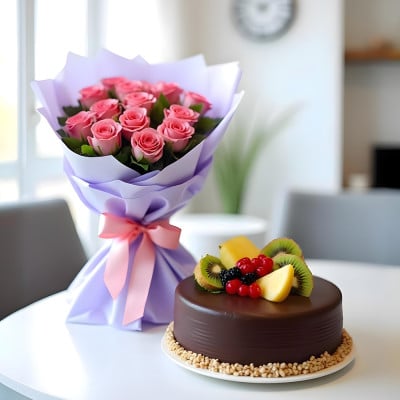 pink roses with chocolate fruit cake