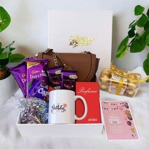 Special Gift For Her birthday with Sling Bag, Branded Perfume and a sweet greetings