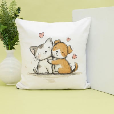 Cute Cat & Dog Hug Printed Cushion