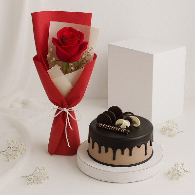 Elegant Chocolate Cake with Red Rose Bouquet
