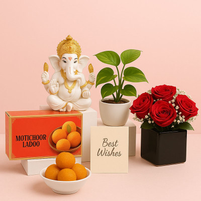 Festive Ganesha Blessings Hamper with Sweets, Roses & Greenery Festive Ganesha Blessings Hamper with Sweets, Roses & Greenery