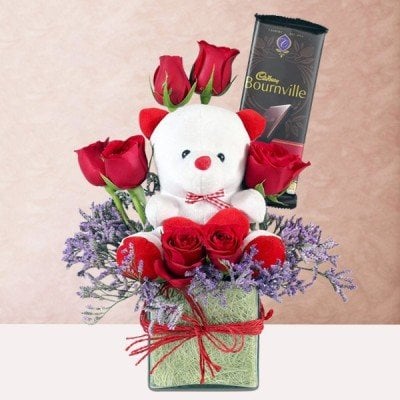 Vase of Teddy with Red Roses and Bournville Chocolate