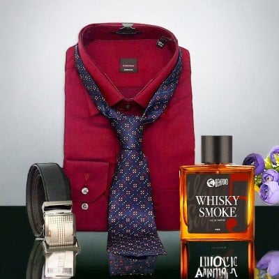 Maroon Formal Shirt, Black Belt with Blue Tie N Perfume
