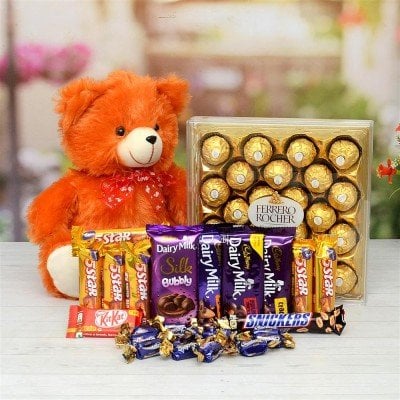 Ferrero Rocher With Chocolates N Teddy Hamper