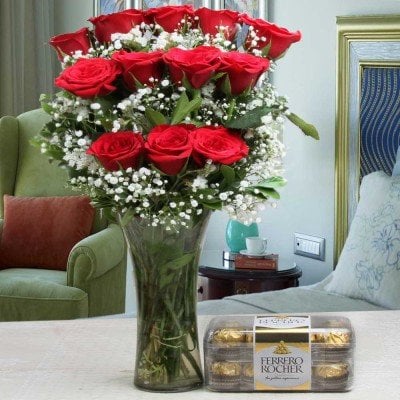 Ferrero Rocher Chocolate And Red Roses Arrangement