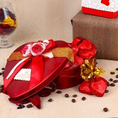 Romantic Hamper Of Heart Shape Chocolates And Golden Rose