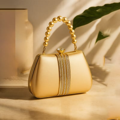 Golden Radiance Pearl-Handle Evening Clutch