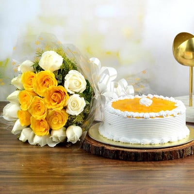 Mango Cake & Rose Bouquet