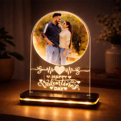 Personalized LED Acrylic Valentine Photo Lamp with Wooden Base