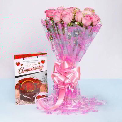 Pink Roses With Anniversary Greeting Card