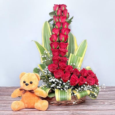 Red Roses Arrangement With Teddy