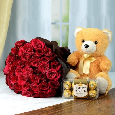 Red Roses with Teddy & Ferrero Combo – Same Day Valentine Gift Delivery