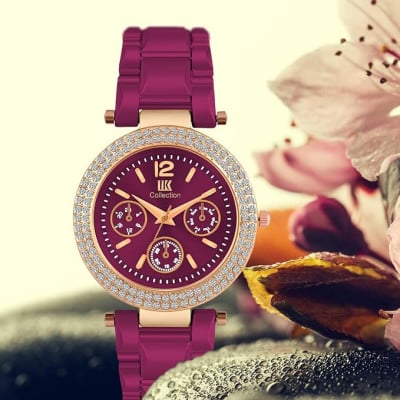 Steel Chain N Diamond Studded Dial Ladies Watch - Purple