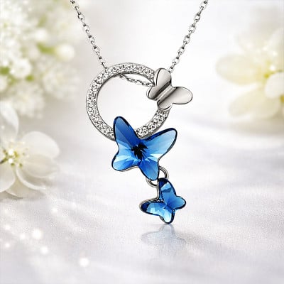 Stylish Platinum Silver Plated Crystal Butterfly Chain Pendant Necklace for Women