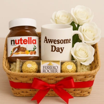 Sweet Moments Gift Hamper – Nutella, Mug & Ferrero Rocher & White Rose