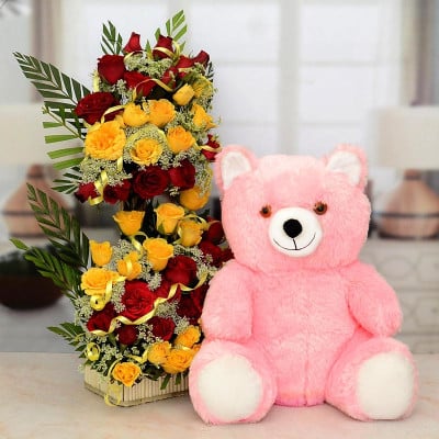 Teddy with Yellow & Red Roses 