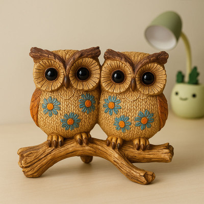 Twin Owls on Branch Decorative Showpiece – Handcrafted Resin Owl Couple Statue
