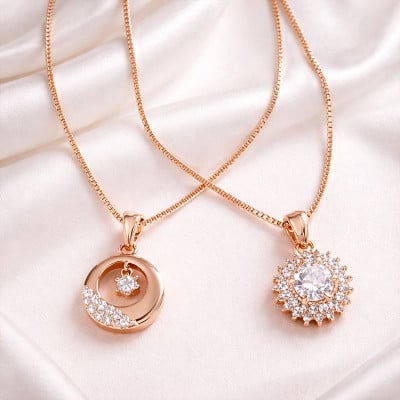 Two Rose Gold Set Contemporary Cubic Zirconia Pendants For Women and Girls