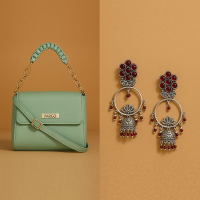 Elegant Women’s Green Sling Bag with Ethnic Jhumka Earrings Combo