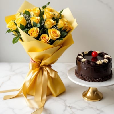 Yellow Roses With Chocolate Cake