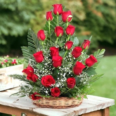 20 Red Roses In Basket