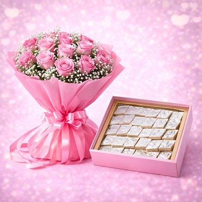 Flowers and Sweets Combo – Valentine Gift with Flowers and Indian Sweets